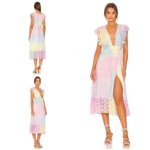 MAJORELLE Mistwood Rainbow Ombré Eyelet Pastel Multi Tie Dye Midi Wrap Dress S​​